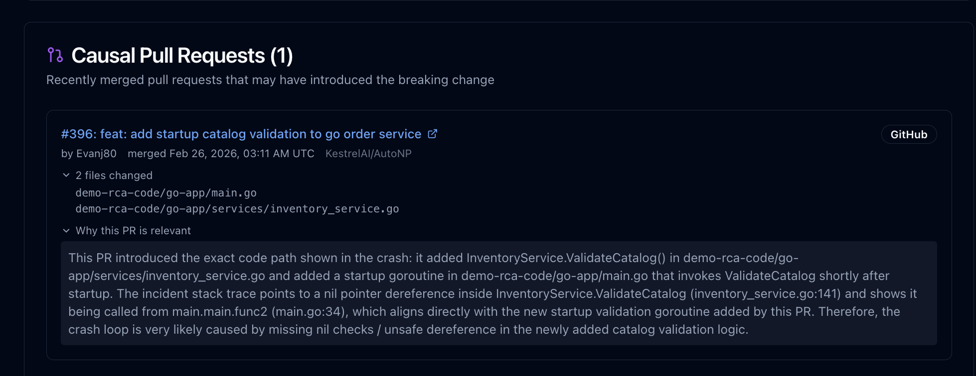 Kestrel's Causal PR Search agent showing the identified pull request with explanation
