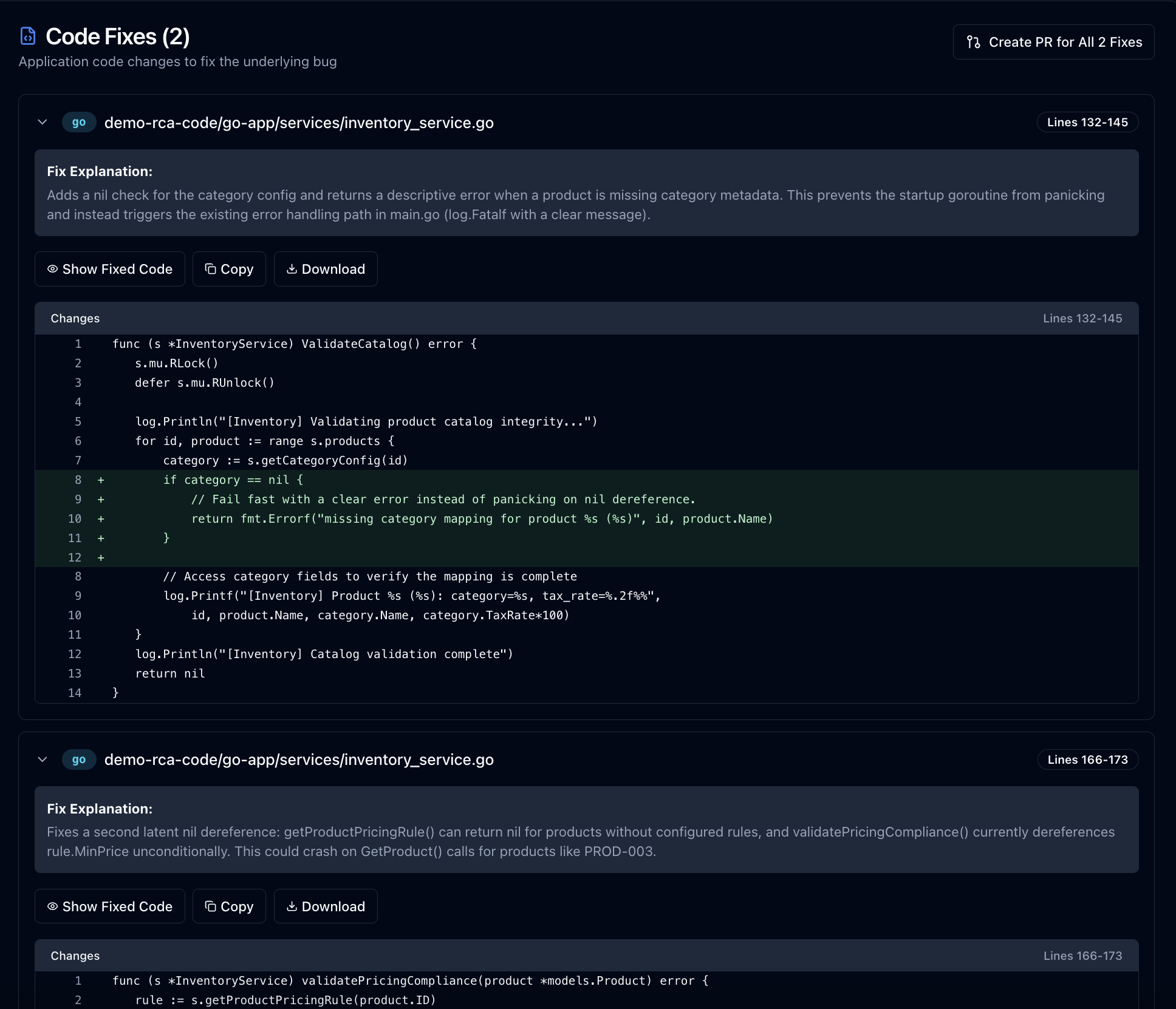 Kestrel's Code Fix agent showing generated fix with diff view and Create PR button