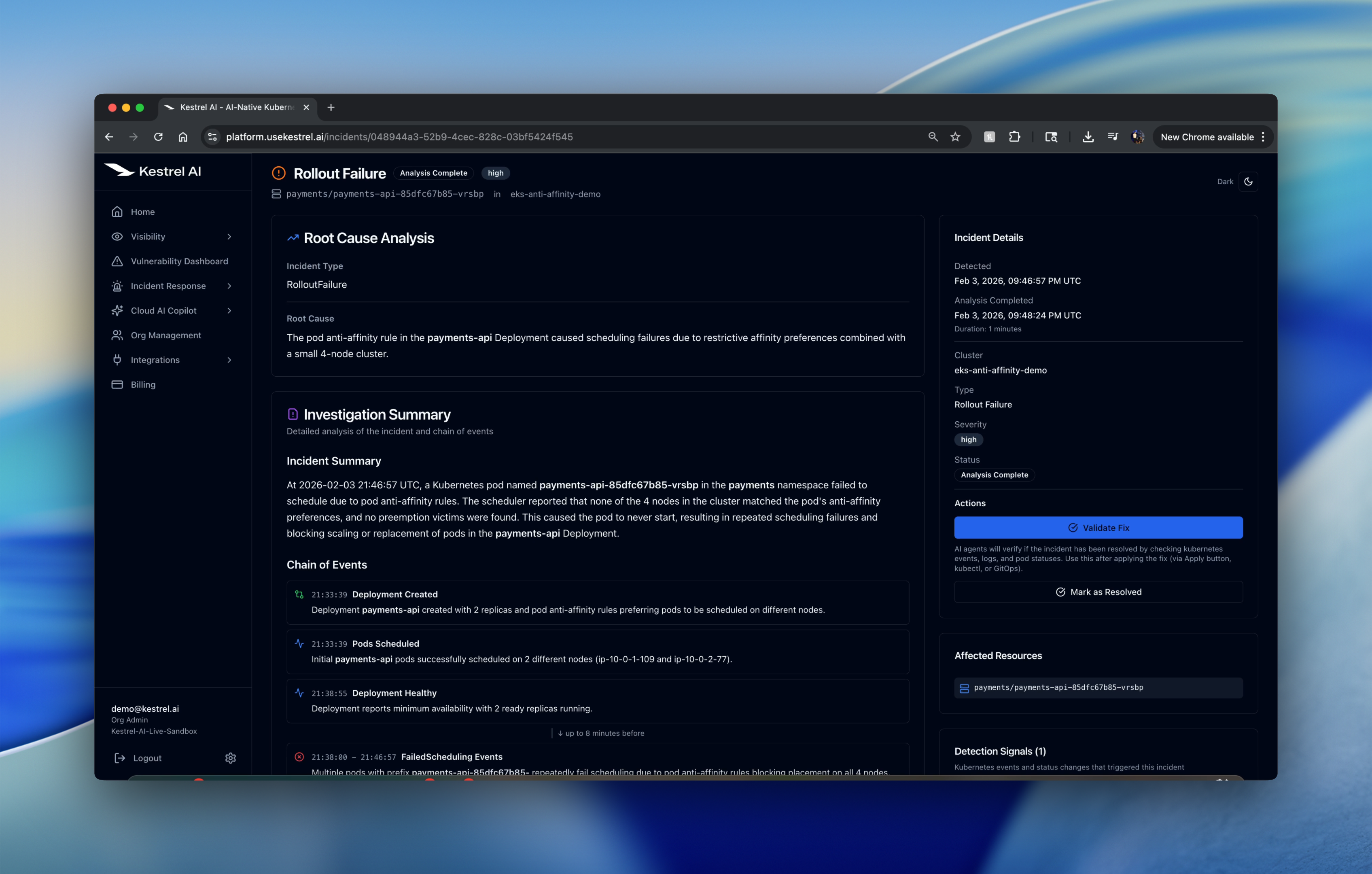 Kestrel Root Cause Analysis showing the rollout failure incident