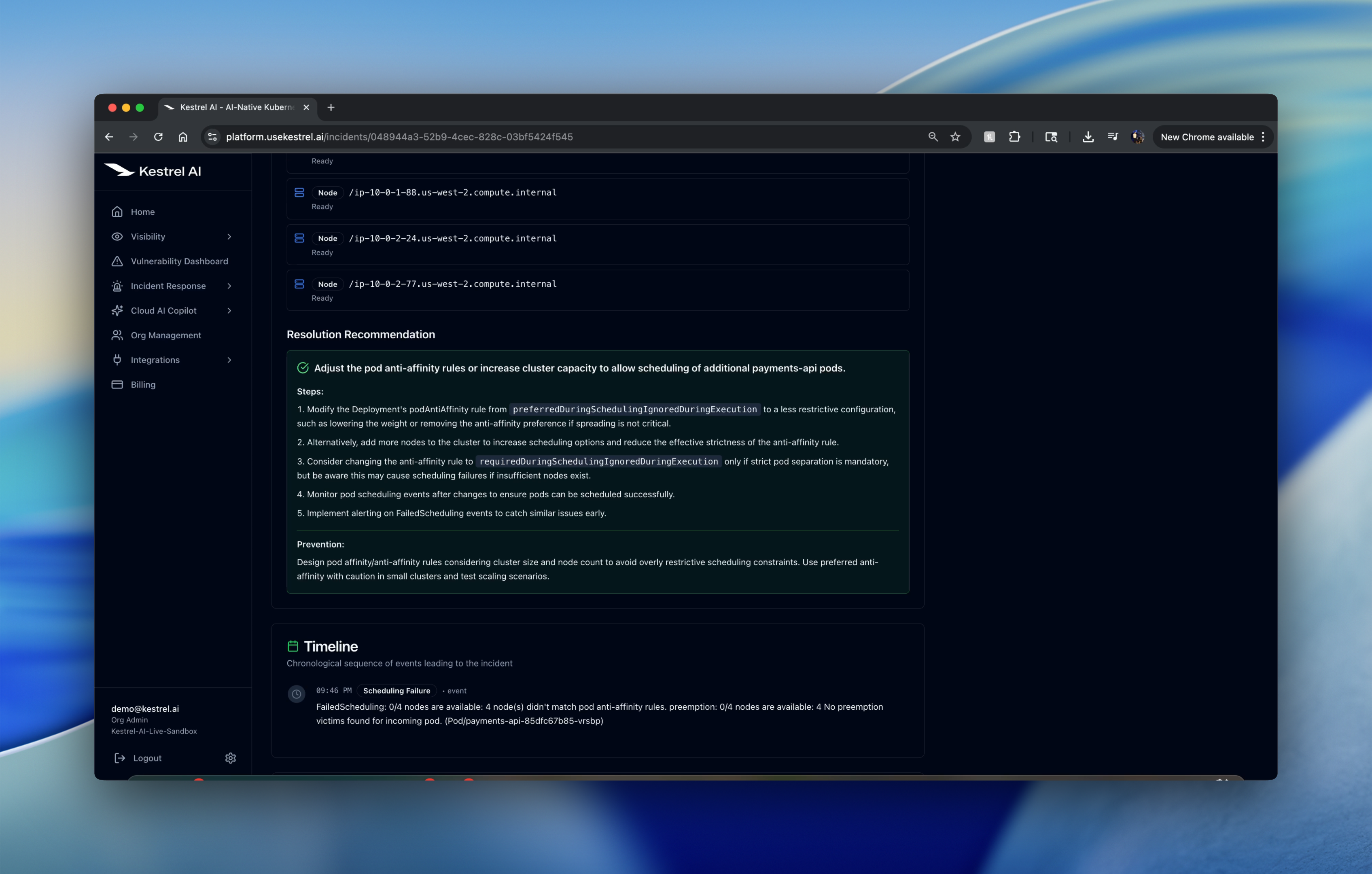 Kestrel's recommended steps to resolve the incident